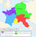Fragmentation de l'empire carolingien vers 880.