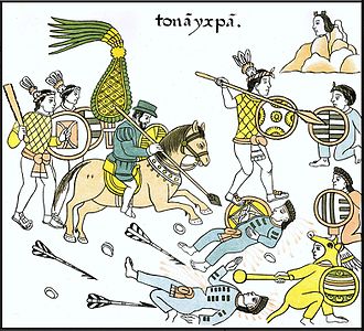 Guerreros tlaxcaltecas junto a sus aliados españoles, portando ichcahuipillis cortos. Lienzo de Tlaxcala.