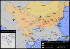 Tarihçilerin tamamı tarafından kabul edilmeyen İkinci Bulgar İmparatorluğu'nun bir haritası.