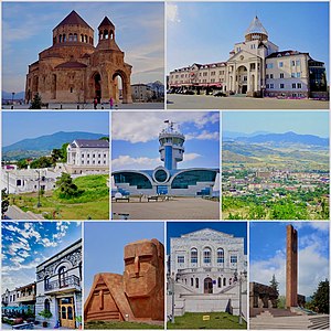 左上起： 诞神女主教座堂（英语：Holy Mother of God Cathedral, Stepanakert） 复兴广场（英语：Renaissance Square, Stepanakert） • 市中心 霍賈雷機場 • 天际线 阿尔察赫公园酒店  • 「我们是我们的山」雕塑 阿尔察赫大学  • 斯捷潘纳克特纪念碑（英语：Stepanakert Memorial）