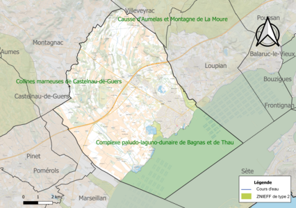 Carte de la ZNIEFF de type 2 sur la commune.