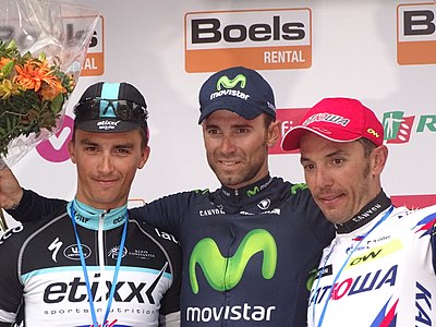 Podium de l'édition 2015 de Liège-Bastogne-Liège : Julian Alaphilippe (2e), Alejandro Valverde (1er) et Joaquim Rodríguez (3e).