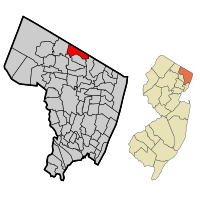 Location of Montvale in Bergen County highlighted in red (left). Inset map: Location of Bergen County in New Jersey highlighted in orange (right).