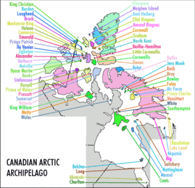 Mapa de referencia de las islas árticas canadienses. (Islas que no aparecen: isla Beechey - Archipiélago del Duque de York - isla Gateshead - isla Haig-Thomas - isla Hans - isla Killiniq - isla de Jenny Lind - islas Ottawa - Port Leopold, Prince Leopold Island and Elwin Bay - isla Skraeling - isla Trodely - isla Weston)