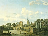 Jan van der Heyden and Adriaen van de Velde. The church of St. Severin in Cologne in a fictive setting label QS:Len,"The church of St. Severin in Cologne in a fictive setting" label QS:Lpl,"Kościół św. Seweryna w Kolonii w fikcyjnym otoczeniu" label QS:Lnl,"De Sankt Severin te Keulen opgenomen in een gefantaseerd stadsbeeld" 1660-1672. oil on panel medium QS:P186,Q296955;P186,Q106857709,P518,Q861259 . 49 × 65 cm (19.2 × 25.5 in). Amsterdam, Rijksmuseum Amsterdam.