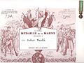 Sertifikat Pertempuran Marne diberikan kepada Letnan Théophile Marie Brébant dari Resimen Infanteri ke-48, Penghargaan kepada para pahlawan, ditandatangani oleh Jenderal Joffre dan Jenderal Foch .