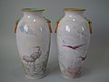 Vases, 1869, rare combination of fine-painted tin-glaze and coloured glazes handles, rim and interior