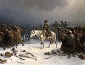 Napoleon och resterna av la grande armée på reträtt efter det ryska fälttåget. Målning av Adolph Northen ca 1850.