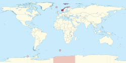 Location of the Kingdom of Norway and its integral overseas areas and dependencies: Svalbard, Jan Mayen, Bouvet Island, Peter I Island and Queen Maud Land