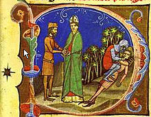 Manuscrit enluminé présentant un évêque, un homme et un soldat aveuglant Pierre.