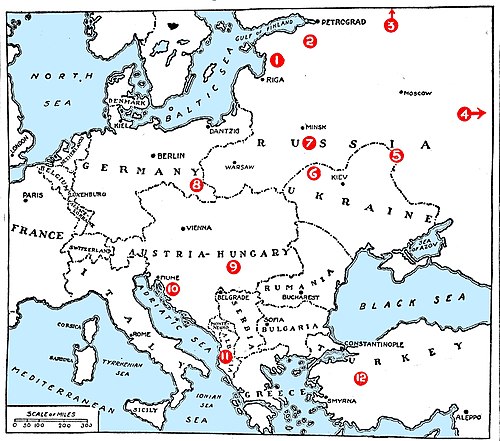 Map of Europe with numbered locations