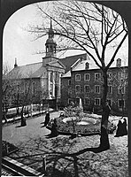 Side view of the Church of Our Lady of Pity, Congregation de Notre Dame, Montreal, QC, asi 1885