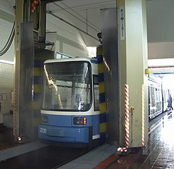 Inside a streetcar wash at Munichs streetcar (tramway) maintenance and storage facility