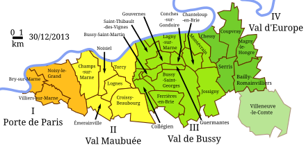 Carte présentant les différentes communes de Marne-la-Vallée, classées par secteur.