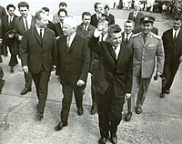 Svoboda i Alexander Dubček w sierpniu 1968, podczas oficjalnej wizyty w Czechosłowacji rumuńskiego przywódcy Nicolae Ceaușescu