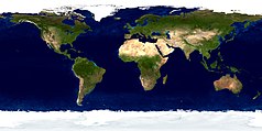 Mapa konturowa świata, blisko centrum na lewo znajduje się punkt z opisem „Ameryka Południowa”