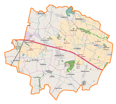 Mapa konturowa gminy Legnickie Pole, w centrum znajduje się punkt z opisem „Bazylika kolegiacka Podwyższenia Krzyża Świętego i św. Jadwigi Śląskiej w Legnickim Polu-------Sanktuarium św. Jadwigi Śląskiej”