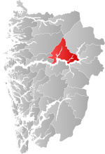 Mapa do condado de Vestland com Sogndal em destaque.