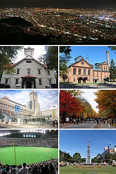 第一行：從藻岩山俯瞰札幌夜景 第二行：札幌市鐘樓、札幌啤酒博物館 第三行：札幌站、北海道大學札幌校區 第四行：札幌巨蛋、大通公園與札幌電視塔