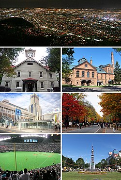 Trái sang phải, trên xuống dưới: Núi Moiwa về đêm, Tháp đồng hồ Sapporo, Bảo tàng bia Sapporo, Ga Sapporo, Đại học Hokkaido, Sapporo Dome, và Tháp truyền hình Sapporo nhìn từ công viên Odori
