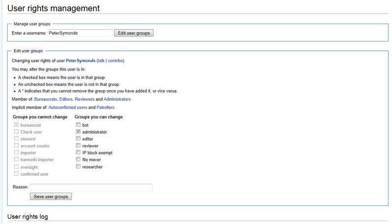 Screenshot showing the interface of Special:UserRights on a local wiki.
