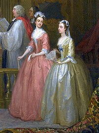 Damas de honra em um casamento usando mântuas. Inglaterra, 1729.