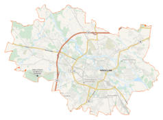 Mapa konturowa Wrocławia, po prawej znajduje się punkt z opisem „Instytut Astronomiczny”