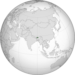 A map of the world, centred on South Asia, highlighting Bhutan