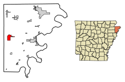 Location of Etowah in Mississippi County, Arkansas.