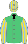 Emerald green, light blue and yellow striped sleeves and cap