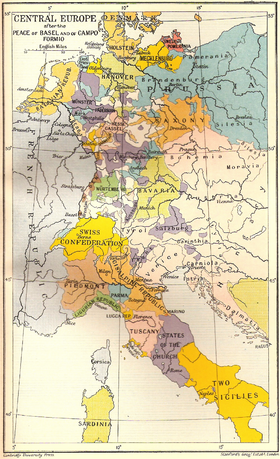 Картата ја прикажува Централна Европа по Базелскиот мир и Договорот од Кампо Формио