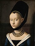 彼得鲁斯·克里斯蒂《少女的肖像》约1460年完成，现藏柏林国立博物馆，人物表情和面部特征与《妇人画像》都有相似之处[7]