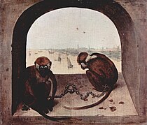 老彼得·布勒哲尔的《两只猴子（英语：Two Monkeys (Bruegel)）》，20 × 23cm，约作于1562年，1931年购入，来自安特卫普 彼得·史蒂文斯（Peter Stevens）的收藏[49]