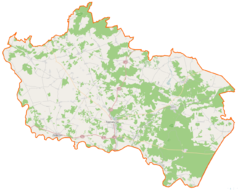 Mapa konturowa powiatu siemiatyckiego, blisko centrum po prawej na dole znajduje się punkt z opisem „Oksiutycze”