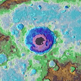 Rachmaninoff Basin topography, showing that its center is one of the lowest places on the planet at approximately 5 km below the global average