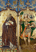 San Antonio y San Cristóbal, detalle del retablo mayor de la iglesia de San Benito de Calatrava (Sevilla), del taller de Juan Sánchez de Castro (ca. 1470).[60]​