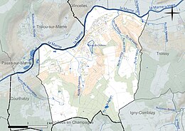 Carte en couleur présentant le réseau hydrographique de la commune