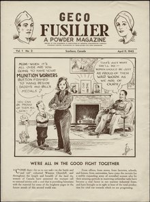 A cartoon in which a boy asks his mom "Mum - when it's all over are you going to have your munition workers button framed to hang beside Daddy's and Bill's Medals?" The father who sits in a chair, with a cane on his knee replies: "That's just what she'll do - women should be just as proud of their war work as we are of ours!" The cartoon emphasizes the importance of the contributions of women during World War Two.