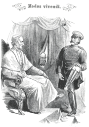 «Modus vivendi», Karikatur von Wilhelm Scholz zum Kulturkampf: Der Papst und der Reichskanzler fordern sich gegenseitig zum Fußkuss auf. Bildunterschrift: Pontifex: „Nun bitte, genieren Sie sich nicht!“ Kanzler Bismarck: „Bitte gleichfalls!“, aus dem Kladderadatsch, Nr. 14/15 (18. März 1878)