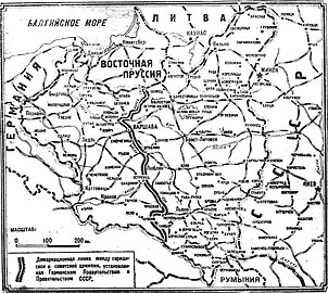 Carte du partage de la Pologne publiée dans le quotidien soviétique Izvestia du 18 septembre 1939 : Varsovie y apparaît sur la ligne de démarcation.