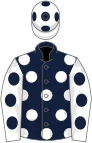 Dark blue, white spots, white sleeves, dark blue spots and cap