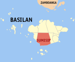 Mapa ng Basilan na ipinapakita ang lokasyon ng Sumisip.