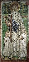 Изображение (перед иконоборчеством) святого Димитрия на базилике Агиос Деметриос в Салониках.