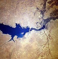 Satellite photo of lake and dam