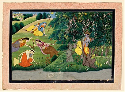 Krishna jouant de la flûte aux laitières, peinture de Kangra, 1775-1785