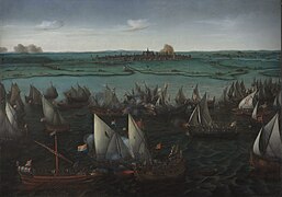 Los gueux de mer holandeses se enfrentan a los españoles en la batalla de Haarlemmermeer, 1573; cuadro de Hendrick Cornelisz Vroom, ca. 1621.