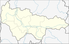 Mapa konturowa Chanty-Mansyjskiego Okręgu Autonomicznego – Jugry, po lewej znajduje się punkt z opisem „Jugorsk”