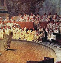 Cicerone denuncia Catilina in Senato davanti ad un aula gremita di senatori. Dipinto di Cesare Maccari.