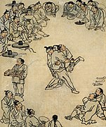 Lutteurs. Kim Hong-do[38] (1745-v.1806/18). Feuille d'album, scènes de genre, encre sur papier, H. 27,7 cm. Musée national de Corée[39]