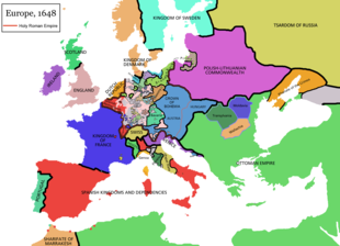 מפת אירופה בשנת 1648 לאחר שלום וסטפאליה. האזור האפור מייצג מדינות גרמניות קטנות בתוך האימפריה הרומית הקדושה.